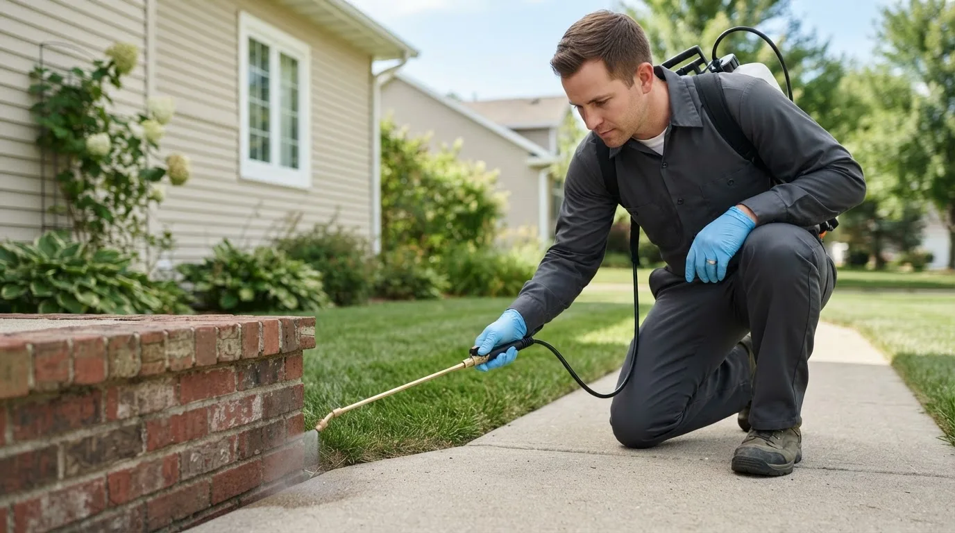 Pest control technician treating a home near Maxwell, IA
