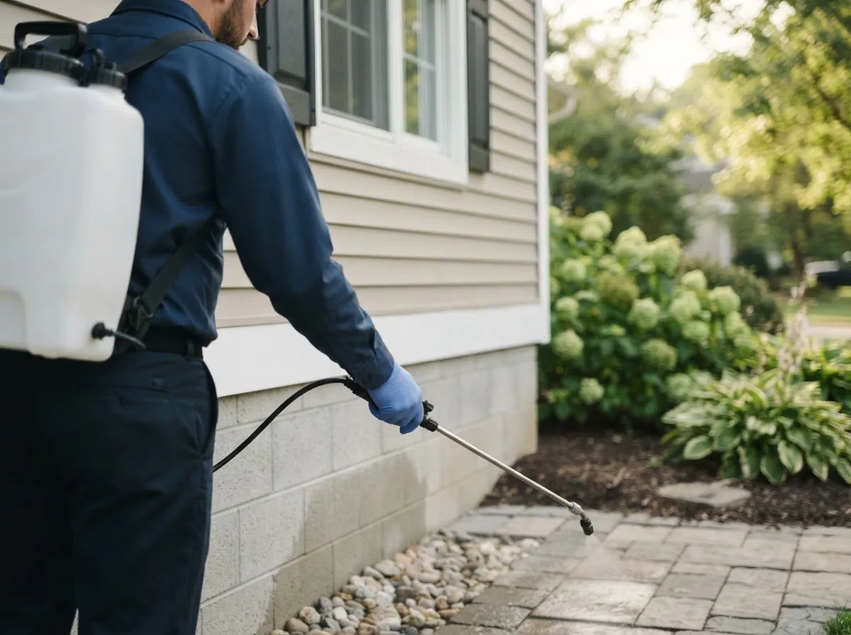 Pest control technician inspecting a home in Maxwell, IA